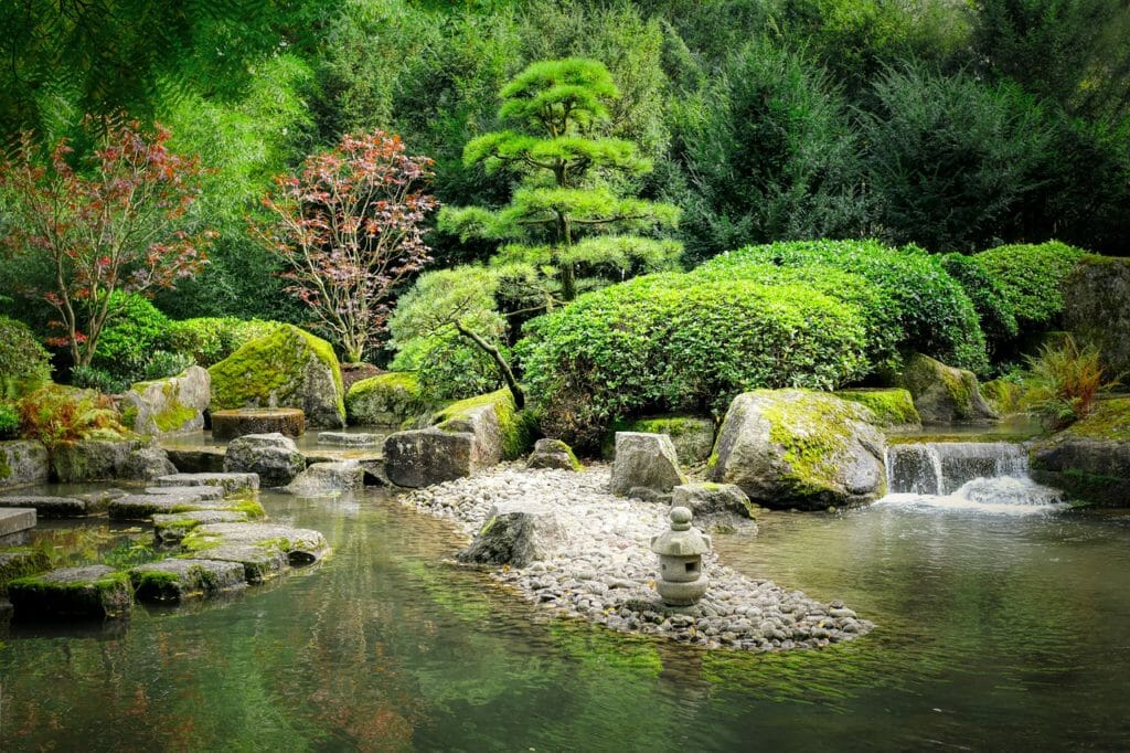 zen garden, garden, lake