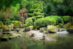 zen garden, garden, lake